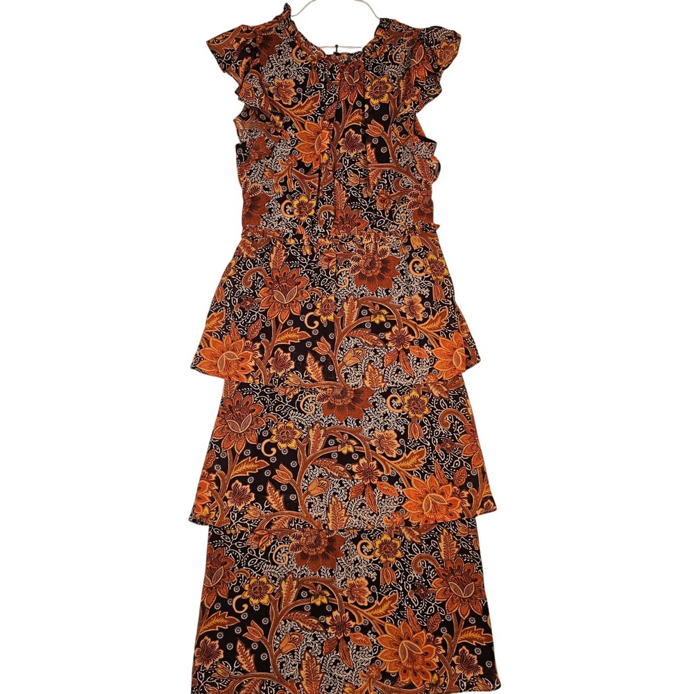 Julia Jordan Orange Brown Floral Paisley Tiered Ruffle Maxi Dress Womens 8